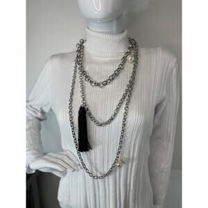 Chico's silver necklace chunky costume jewelry pearl pendant black tassel